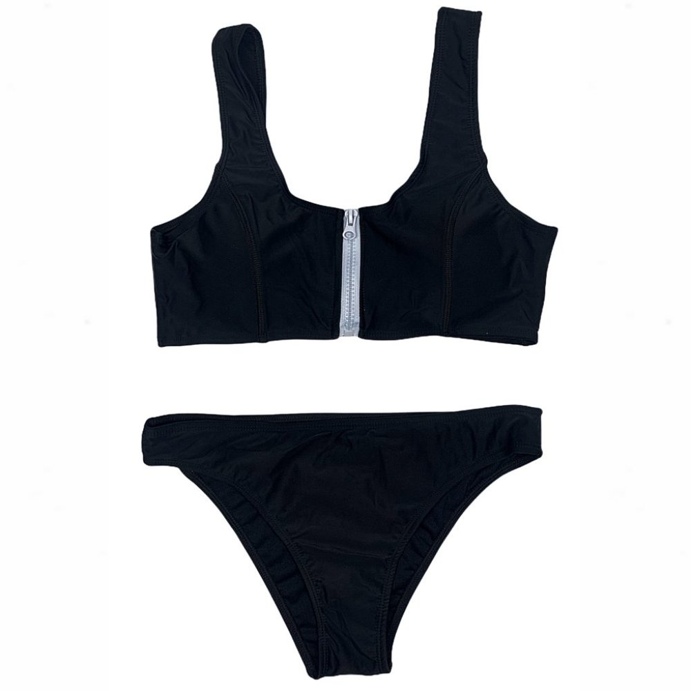 Black & White Scoop Neck Zip-Front Crop Top Bikini - Picture 7 of 16